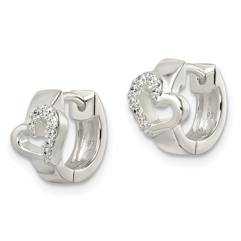 Sterling Silver Polished Cz Heart Hinged Hoop Earrings
