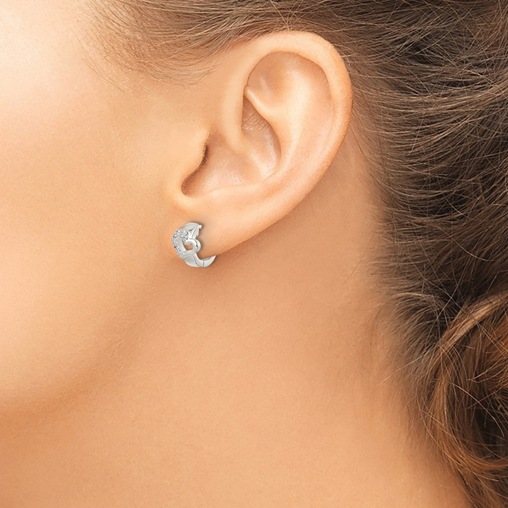 Sterling Silver Polished Cz Heart Hinged Hoop Earrings