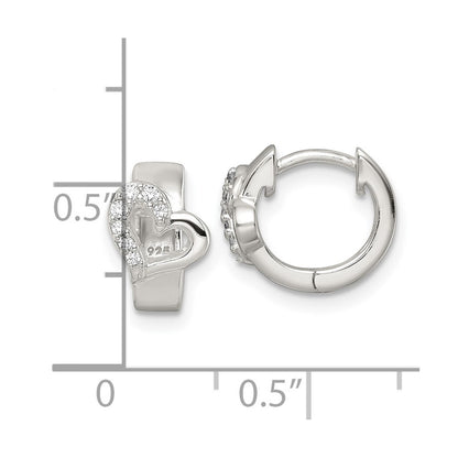 Sterling Silver Polished Cz Heart Hinged Hoop Earrings