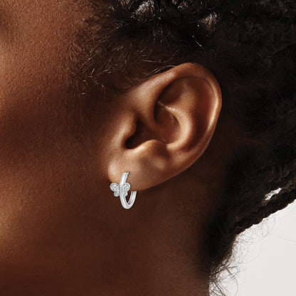 Sterling Silver Rhodium-Plated Polished Cz Hinged Hoop Butterfly Earrings