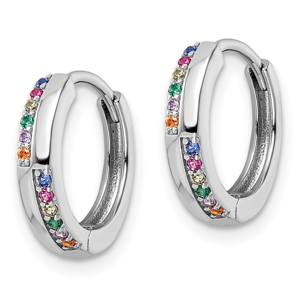 Sterling Silver Rhodium-Plated Multicolor Cz Hinged Hoop Earrings