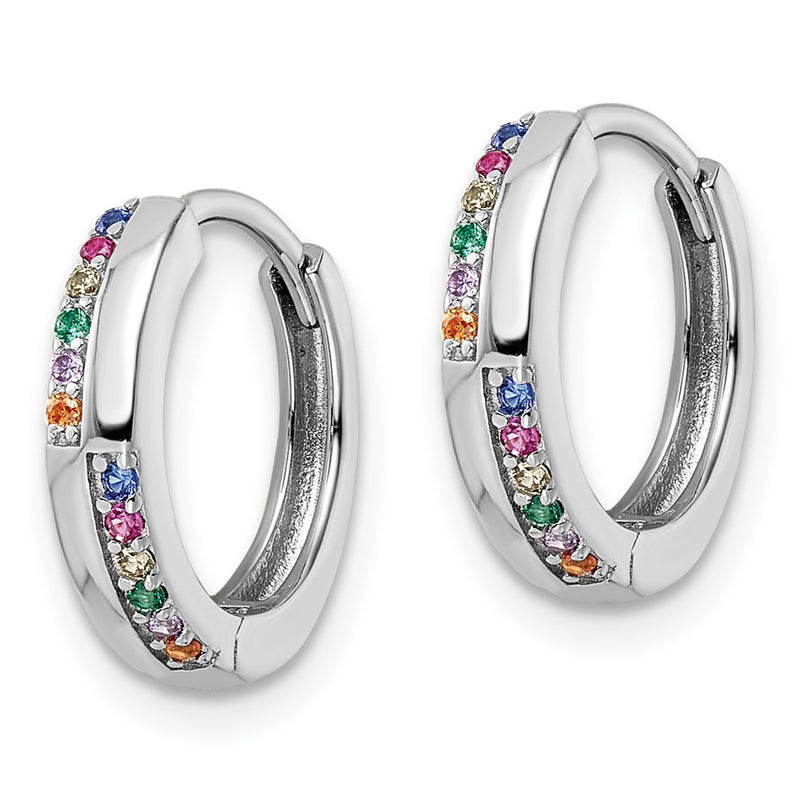 Sterling Silver Rhodium-Plated Multicolor Cz Hinged Hoop Earrings