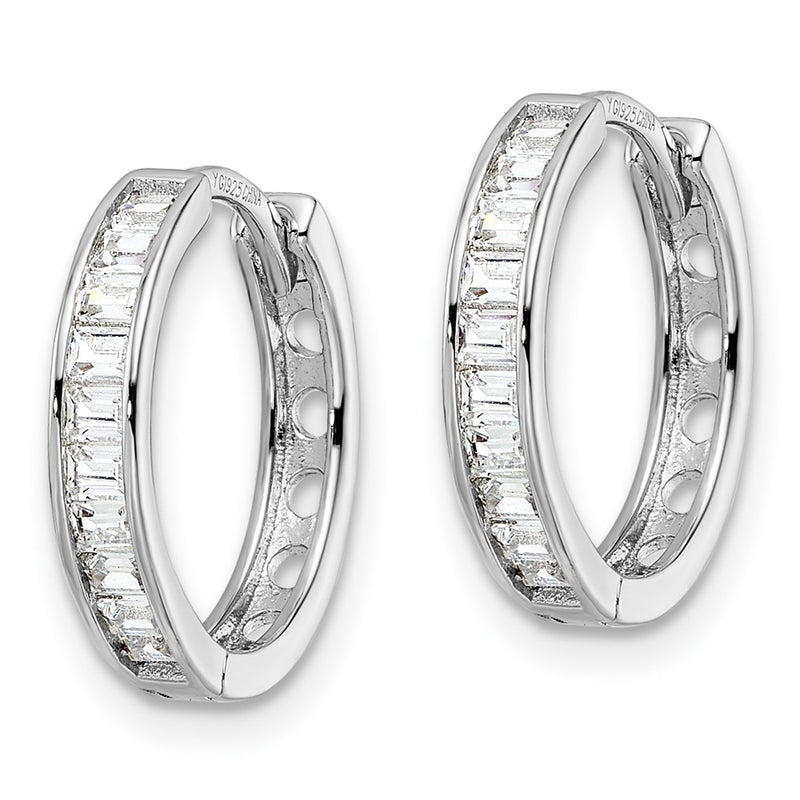 Sterling Silver Polished Rhodium-Plated Cz Hinged Hoop Earrings