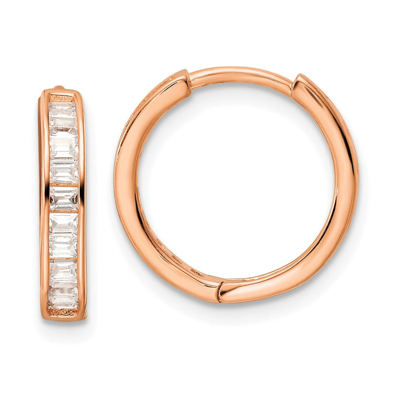 Sterling Silver Polished Rose-Tone Cz Hinged Hoop Earrings