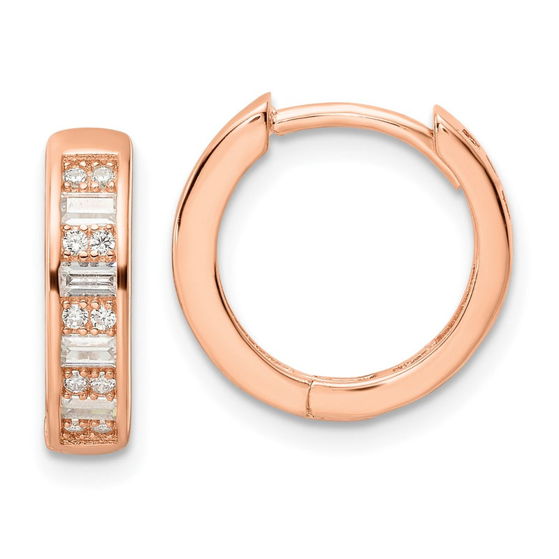 Sterling Silver Polished Rose-Tone Cz Hinged Hoop Earrings