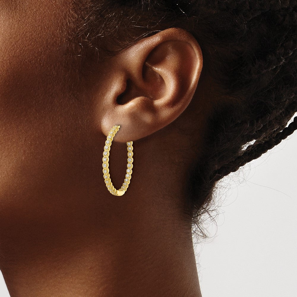 Sterling Silver Polished Gold-Tone In & Out Cz Hinged Hoop Earrings
