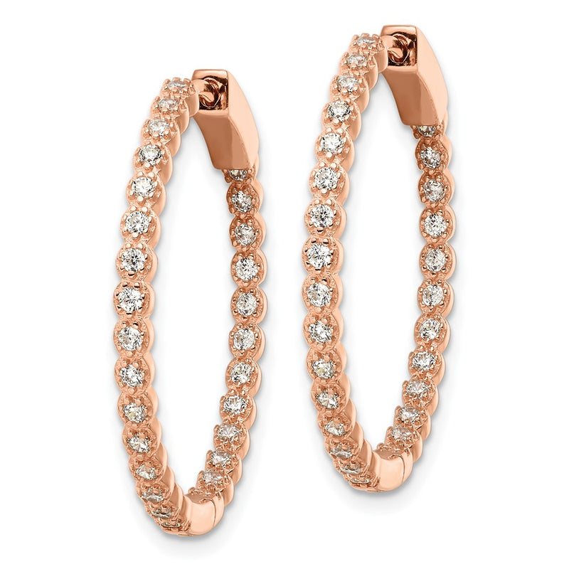 Sterling Silver Polished Rose-Tone In & Out Cz Hinged Hoop Earrings
