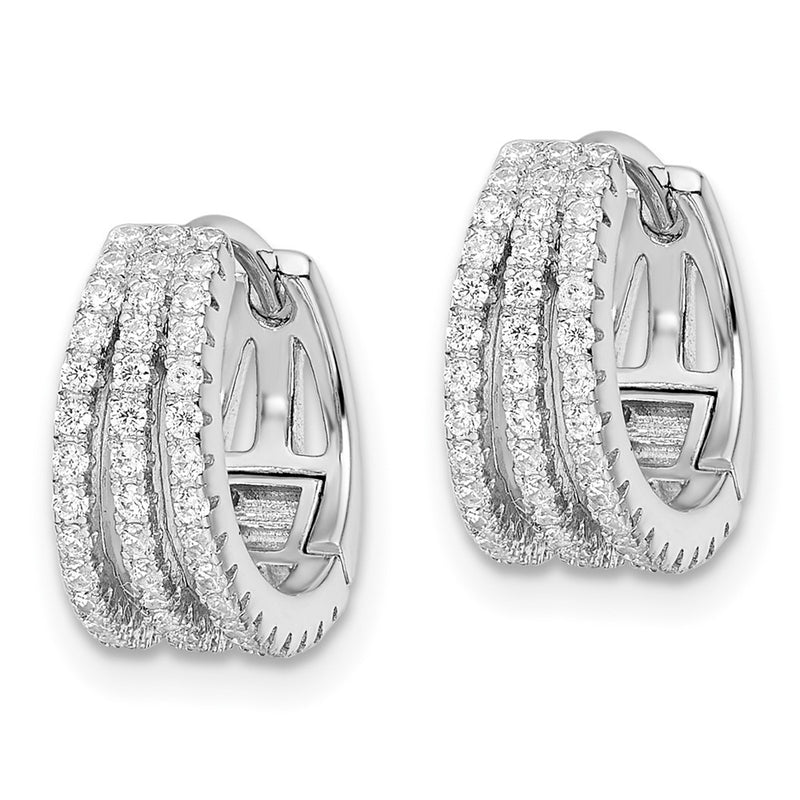 Sterling Silver Rhodium-Plated Polished Triple Row Cz Hinged Hoop Earrings