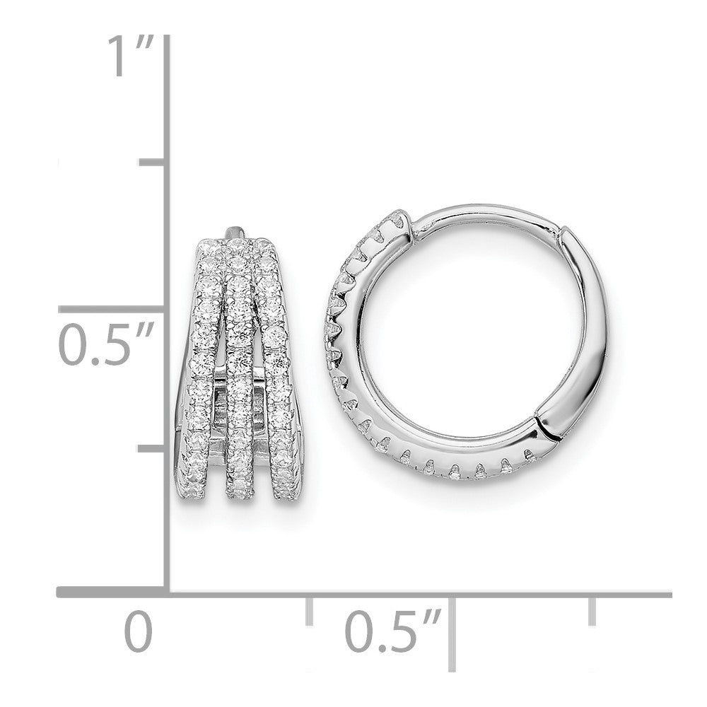 Sterling Silver Rhodium-Plated Polished Triple Row Cz Hinged Hoop Earrings