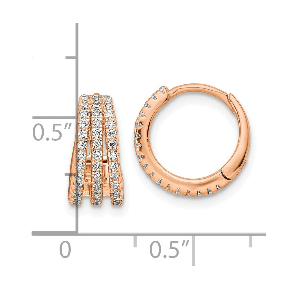 Sterling Silver Rose-Tone Polished Triple Row Cz Hinged Hoop Earrings