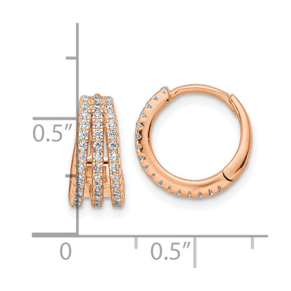 Sterling Silver Rose-Tone Polished Triple Row Cz Hinged Hoop Earrings