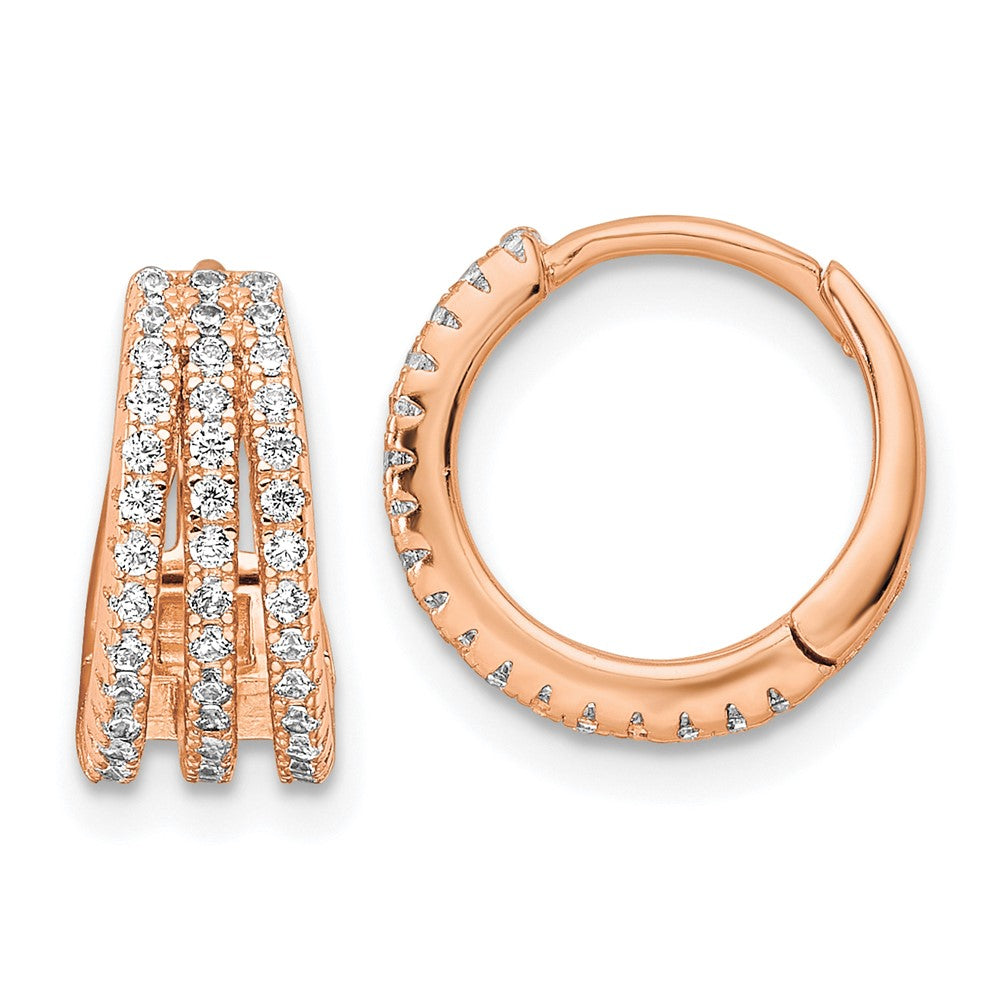 Sterling Silver Rose-Tone Polished Triple Row Cz Hinged Hoop Earrings