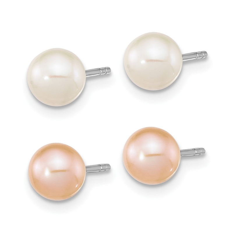 Sterling Silver Rh-Pl 6-7mm Set Of 2 White/Pink Round Fwc Pearl Earrings