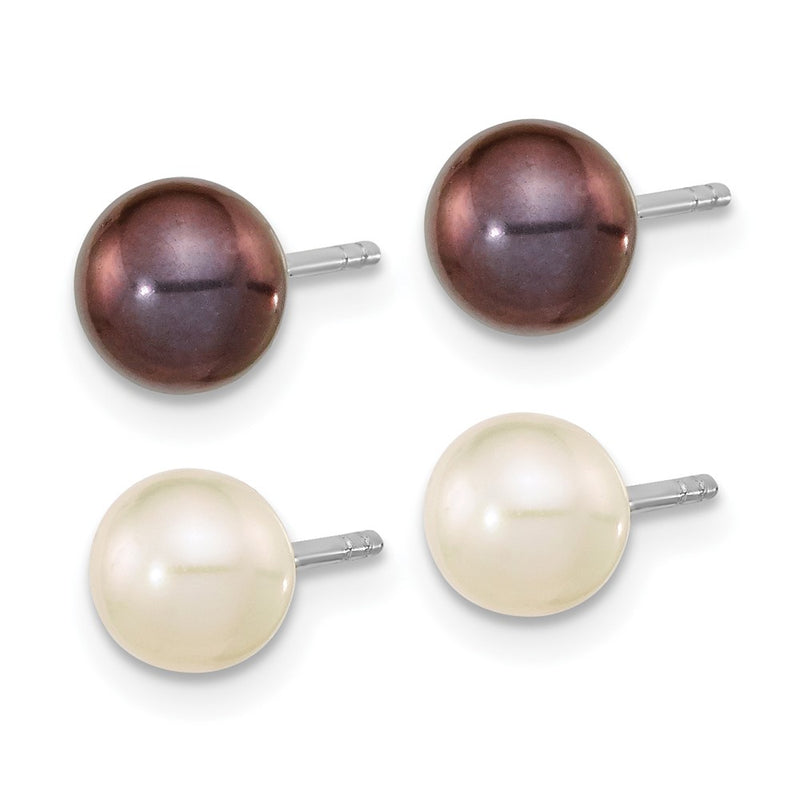 Sterling Silver Rh-Pl 6-7mm Set Of 2 White/Black Round Fwc Pearl Earrings
