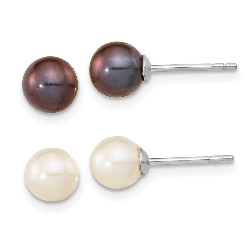 Sterling Silver Rh-Pl 6-7mm Set Of 2 White/Black Round Fwc Pearl Earrings