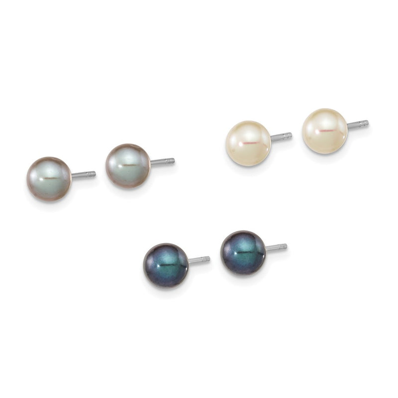 Sterling Silver Rh-Pl 6-7mm Set Of 3 Wt/Bk/Grey Round Fwc Pearl Earrings