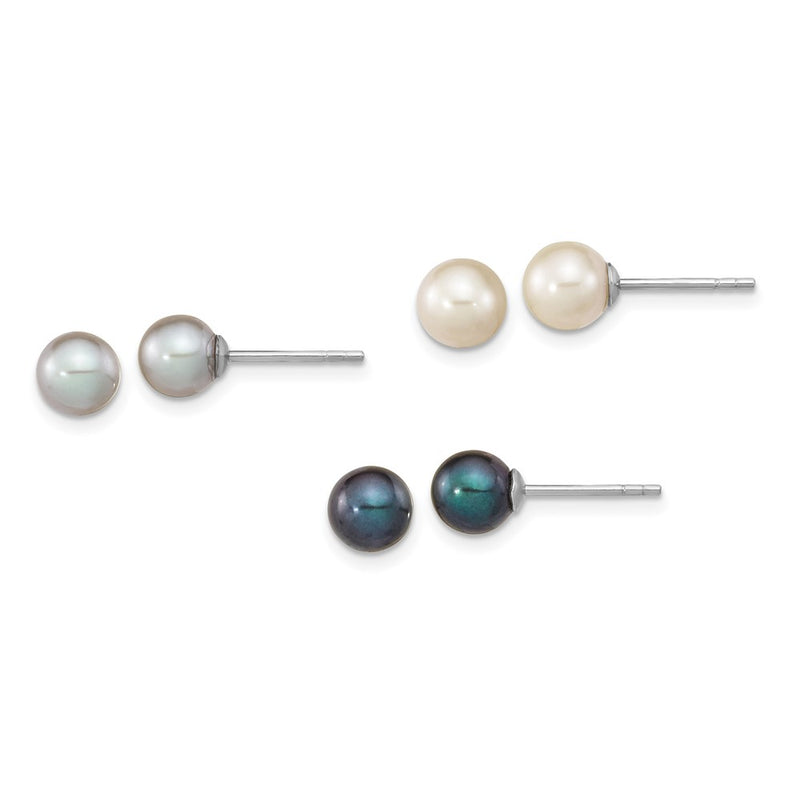 Sterling Silver Rh-Pl 6-7mm Set Of 3 Wt/Bk/Grey Round Fwc Pearl Earrings