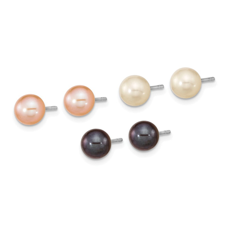 Sterling Silver Rh-Pl 6-7mm Set Of 3 Wt/Bk/Pink Round Fwc Pearl Earrings
