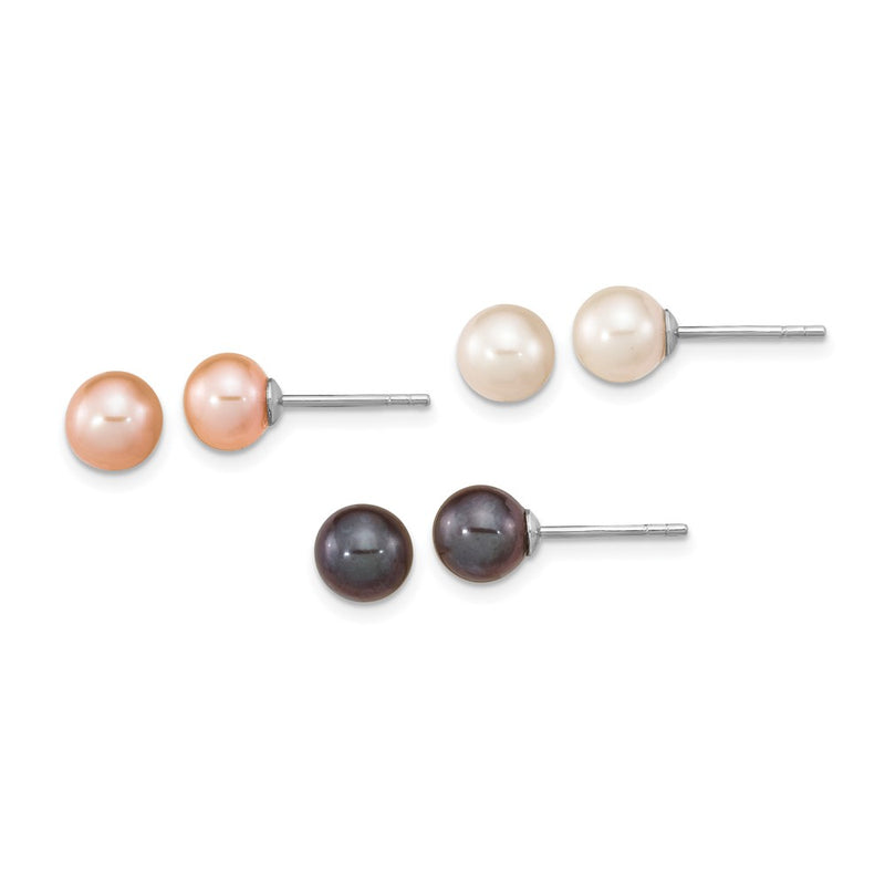 Sterling Silver Rh-Pl 6-7mm Set Of 3 Wt/Bk/Pink Round Fwc Pearl Earrings