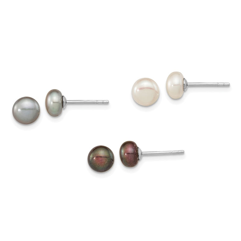 Sterling Silver Rh-Pl 6-7mm Set Of 3 Wt/Bk/Grey Button Fwc Pearl Earrings