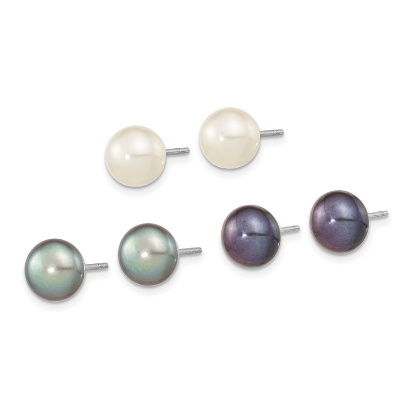 Sterling Silver Rh-Pl 8-9mm Set Of 3 Wt/Bk/Grey Button Fwc Pearl Earrings