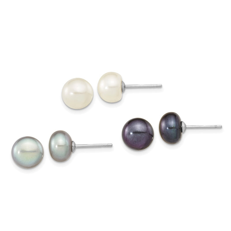 Sterling Silver Rh-Pl 8-9mm Set Of 3 Wt/Bk/Grey Button Fwc Pearl Earrings