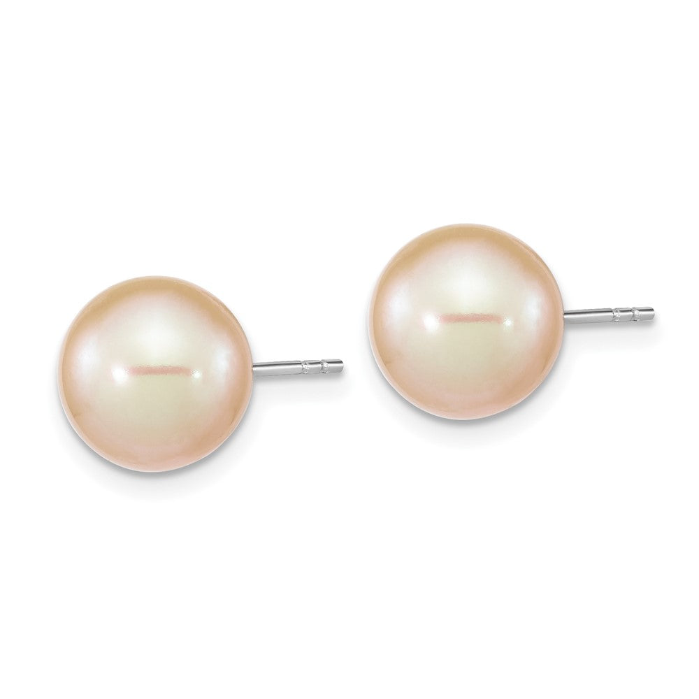 Sterling Silver Rhodium-Plated 9-10mm Pink Round Fwc Pearl Post Earrings