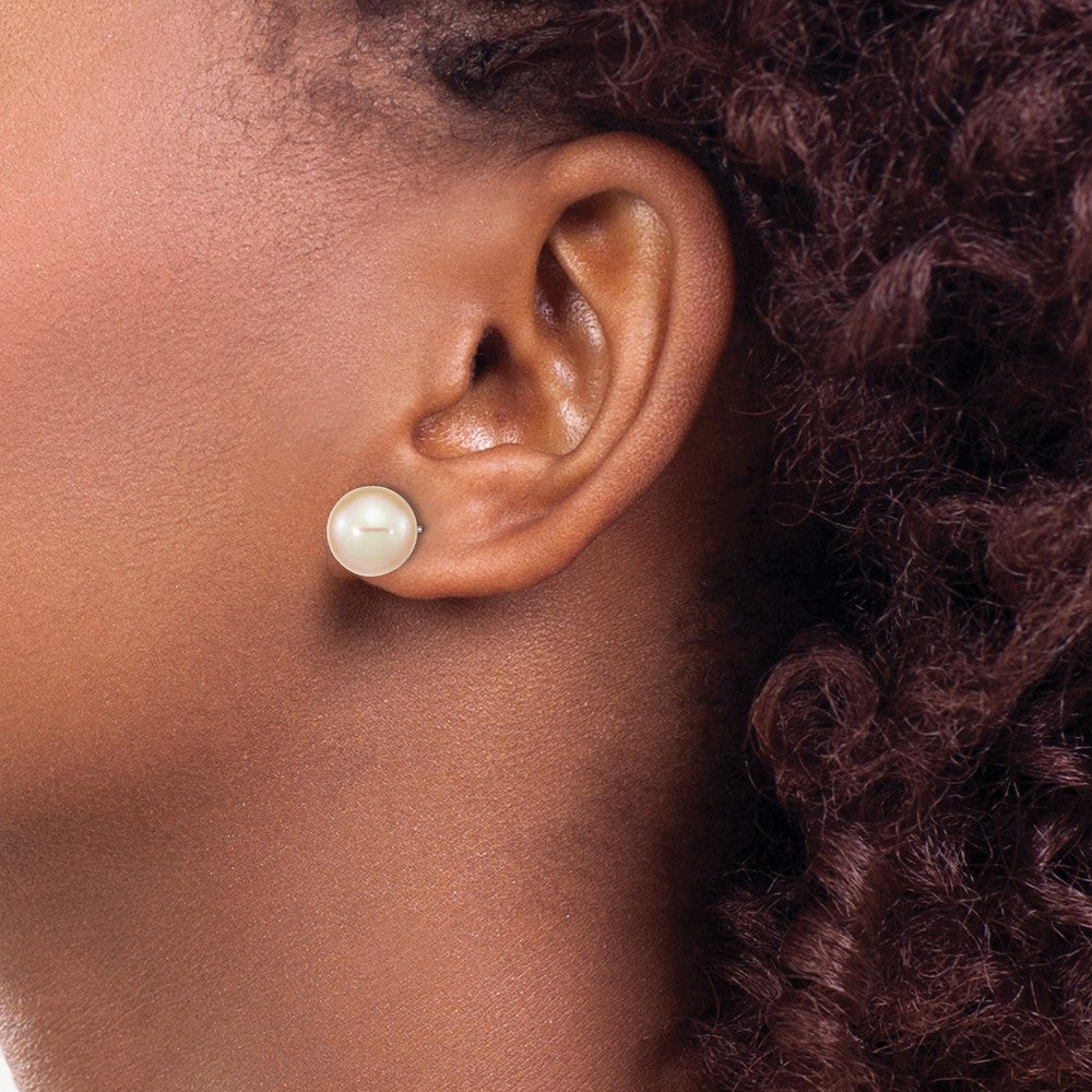 Sterling Silver Rhodium-Plated 9-10mm Pink Round Fwc Pearl Post Earrings