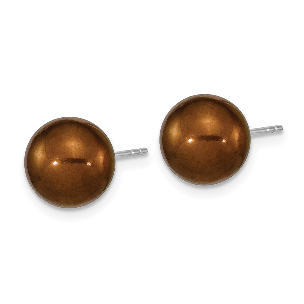 Sterling Silver Rhodium-Plated 9-10mm Brown Round Fwc Pearl Post Earrings