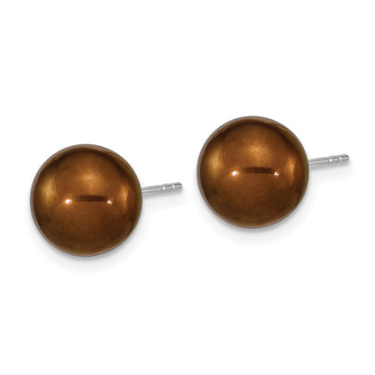 Sterling Silver Rhodium-Plated 9-10mm Brown Round Fwc Pearl Post Earrings