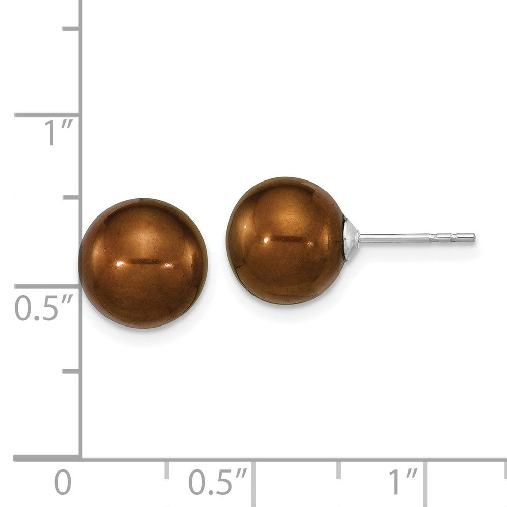 Sterling Silver Rhodium-Plated 9-10mm Brown Round Fwc Pearl Post Earrings
