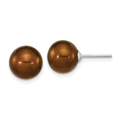 Sterling Silver Rhodium-Plated 9-10mm Brown Round Fwc Pearl Post Earrings