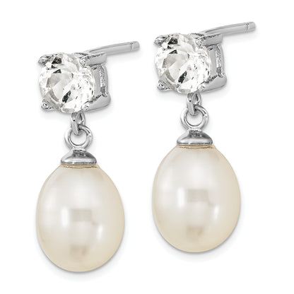 Sterling Silver Rh-Pl W. Topaz 7-10mm Wht Teardrop Fwc Pearl Earrings