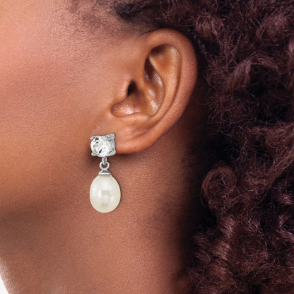 Sterling Silver Rh-Pl W. Topaz 7-10mm Wht Teardrop Fwc Pearl Earrings
