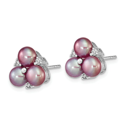 Sterling Silver Rhodium-Plated 5-6mm Purple Button Freshwater Cultured Pearl And Cz Cluster Post Earrings