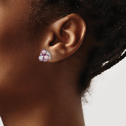 Sterling Silver Rhodium-Plated 5-6mm Purple Button Freshwater Cultured Pearl And Cz Cluster Post Earrings