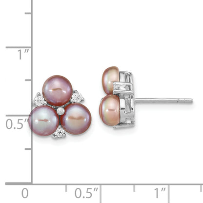 Sterling Silver Rhodium-Plated 5-6mm Purple Button Freshwater Cultured Pearl And Cz Cluster Post Earrings