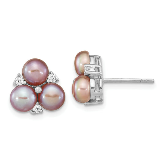 Sterling Silver Rhodium-Plated 5-6mm Purple Button Freshwater Cultured Pearl And Cz Cluster Post Earrings