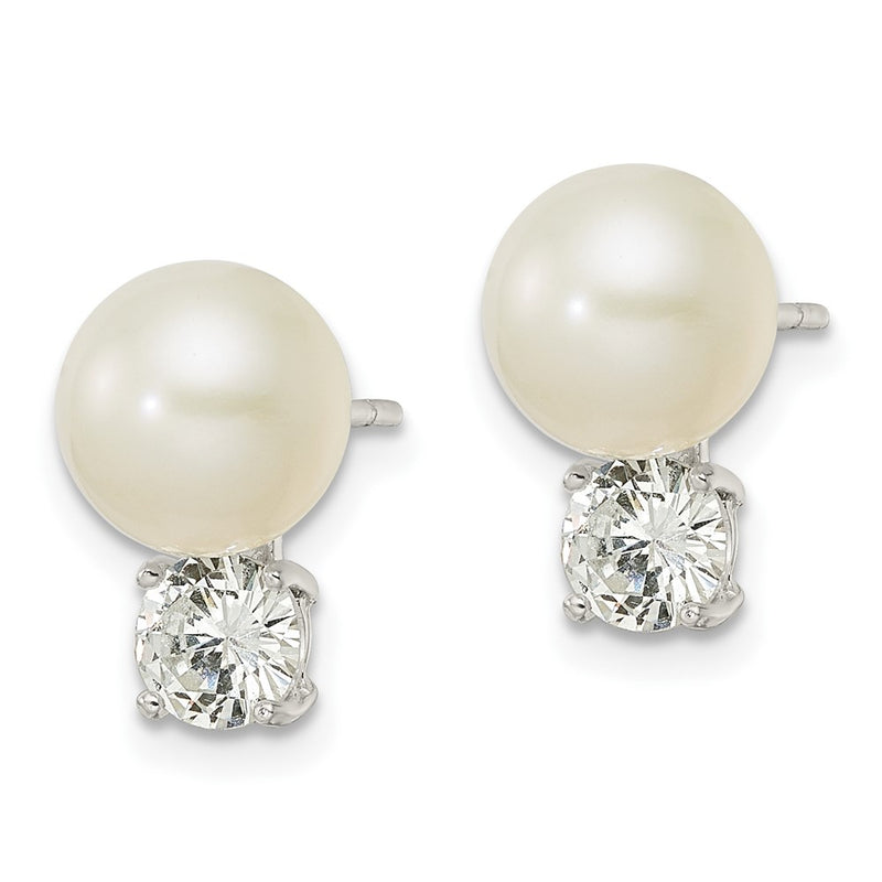 Sterling Silver Cz And 7-8mm Imitation Shell Pearl Post Earrings