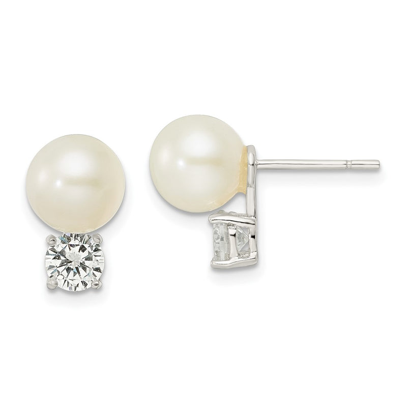 Sterling Silver Cz And 7-8mm Imitation Shell Pearl Post Earrings