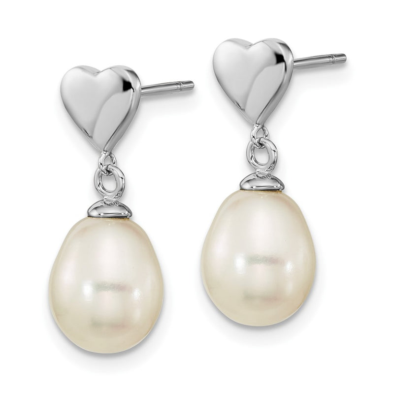 Sterling Silver Rho-Plated 7X9mm White Teardrop Fwc Pearl Dangle Earrings