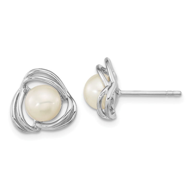 Sterling Silver Rhod-Plated 6-7mm White Button Knot Post Earrings