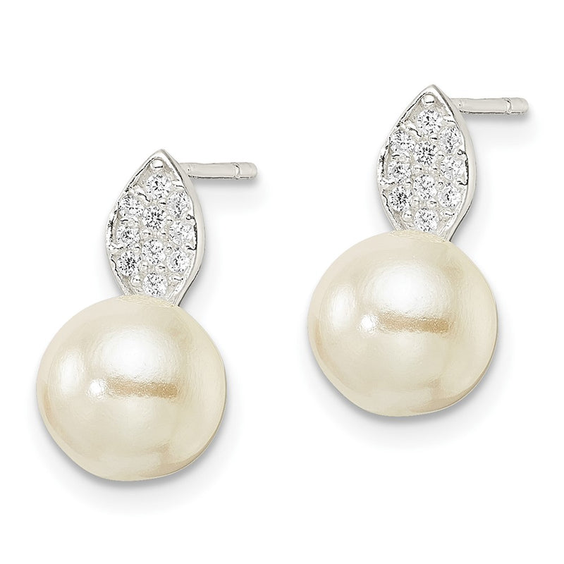 Sterling Silver Cz And 7-8mm Imitation Shell Pearl Post Earrings