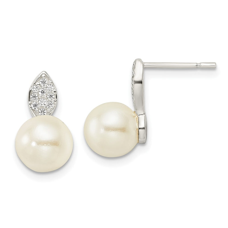 Sterling Silver Cz And 7-8mm Imitation Shell Pearl Post Earrings