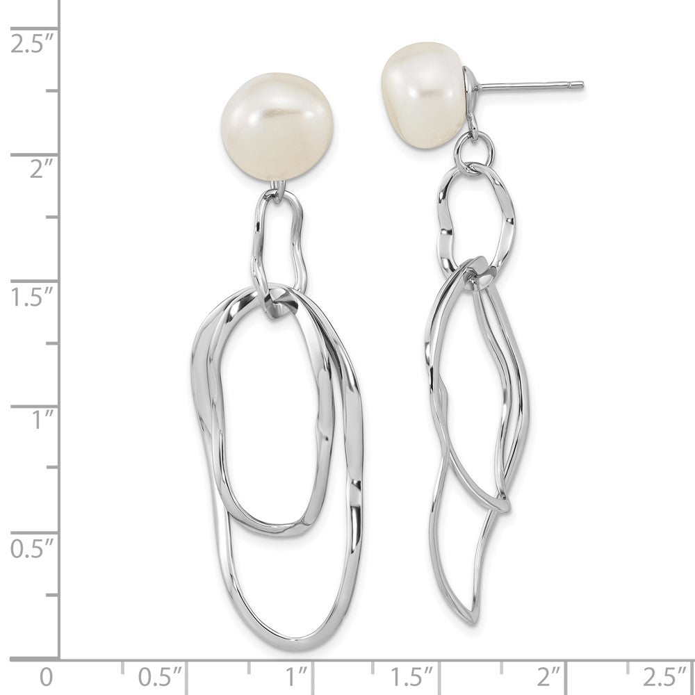 Sterling Silver Rhod-Plated 10-11mm White Baroque Fwc Pearl Dangle Earrings