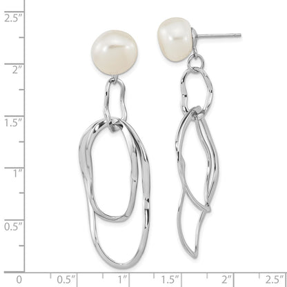 Sterling Silver Rhod-Plated 10-11mm White Baroque Fwc Pearl Dangle Earrings