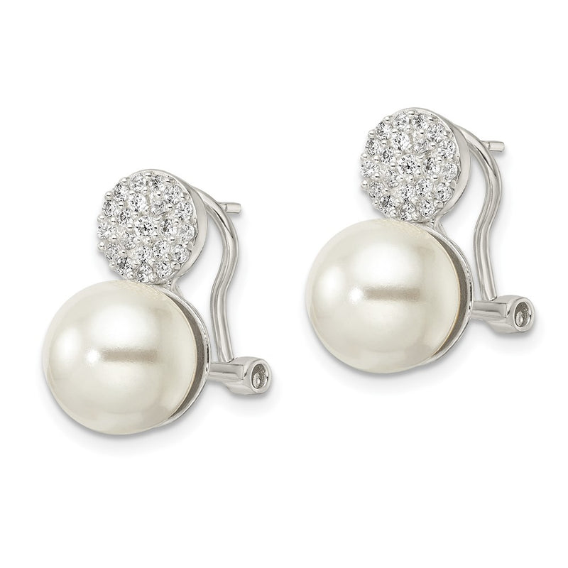 Sterling Silver Imitation Shell Pearl And Cz Omega Back Earrings