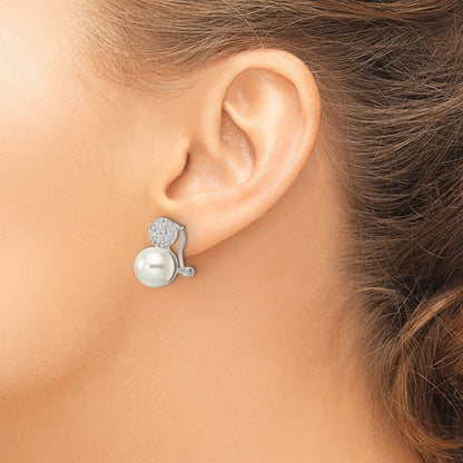 Sterling Silver Imitation Shell Pearl And Cz Omega Back Earrings