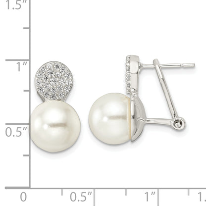 Sterling Silver Imitation Shell Pearl And Cz Omega Back Earrings