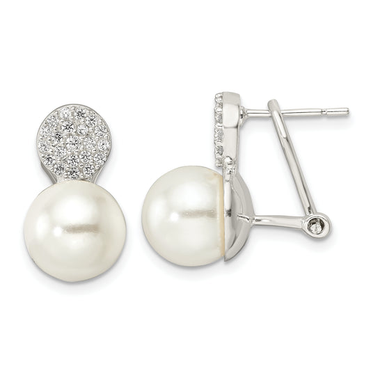 Sterling Silver Imitation Shell Pearl And Cz Omega Back Earrings